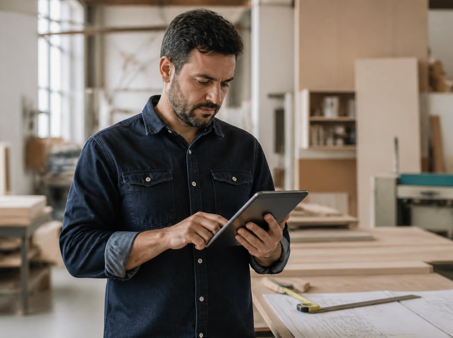 Marceneiro consultando um tablet com o orçamento na oficina, ao lado de peças de madeira e do projeto técnico impresso