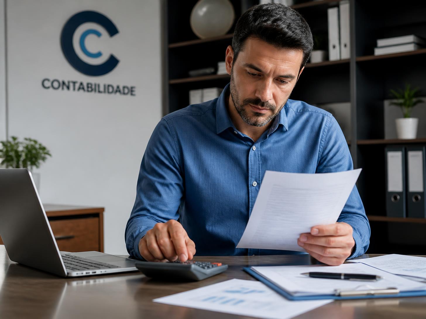 Profissional analisando nota fiscal e calculadora ao lado do notebook, em escritório de contabilidade
