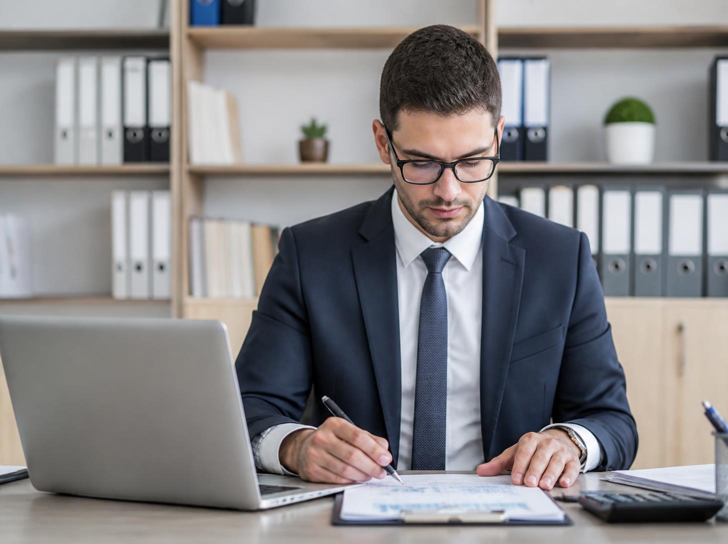 Contador analisando documentos com notebook aberto em escritório